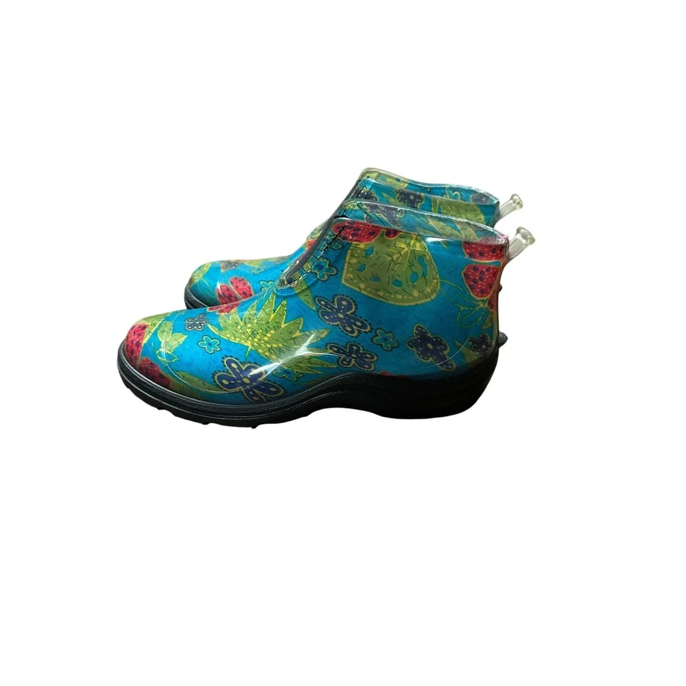 Sloggers Women Blue Floral Waterproof Rubber Garden Rain Ankle Boots Size 9